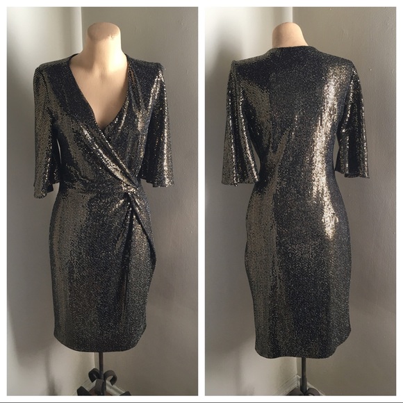 NWT Joseph Ribkoff Black/Gold Sequined Wrap Dress - Picture 5 of 14